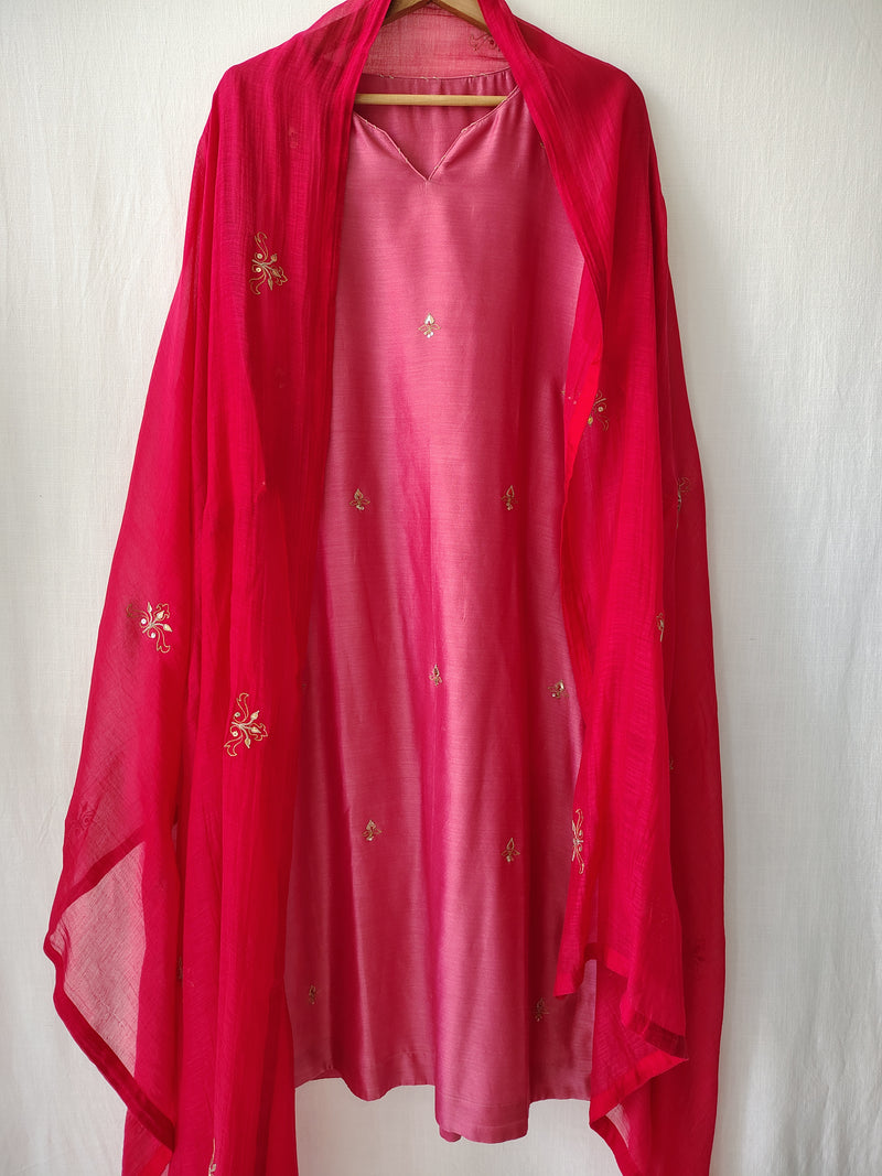 Pink & Red Gota Patti Hand Embroidered Kurta Set with Dupatta
