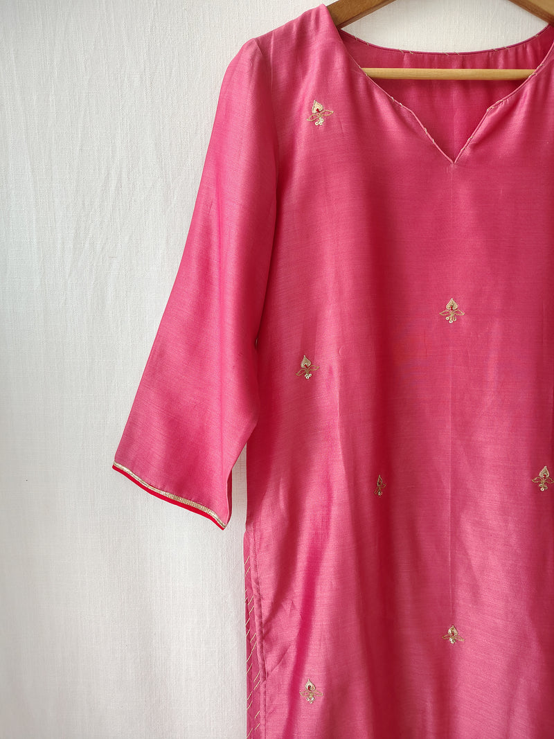Pink & Red Gota Patti Hand Embroidered Kurta Set with Dupatta