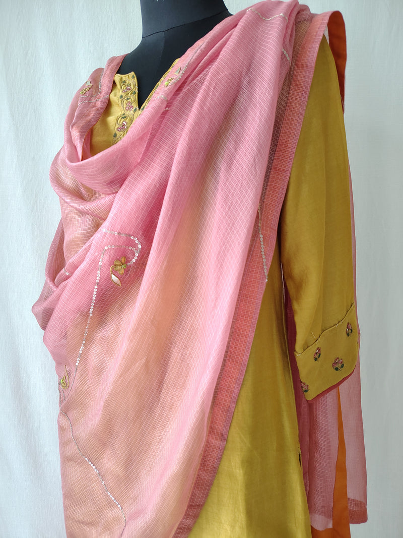 Mustard & Pink Gota Patti Hand Embroidered Suit Set with Dupatta