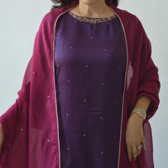 Purple Hand Embroidered Kurta Set with Dupatta