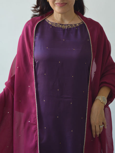Purple Hand Embroidered Kurta Set with Dupatta