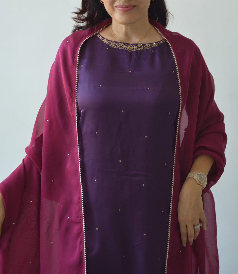 Purple Hand Embroidered Kurta Set with Dupatta