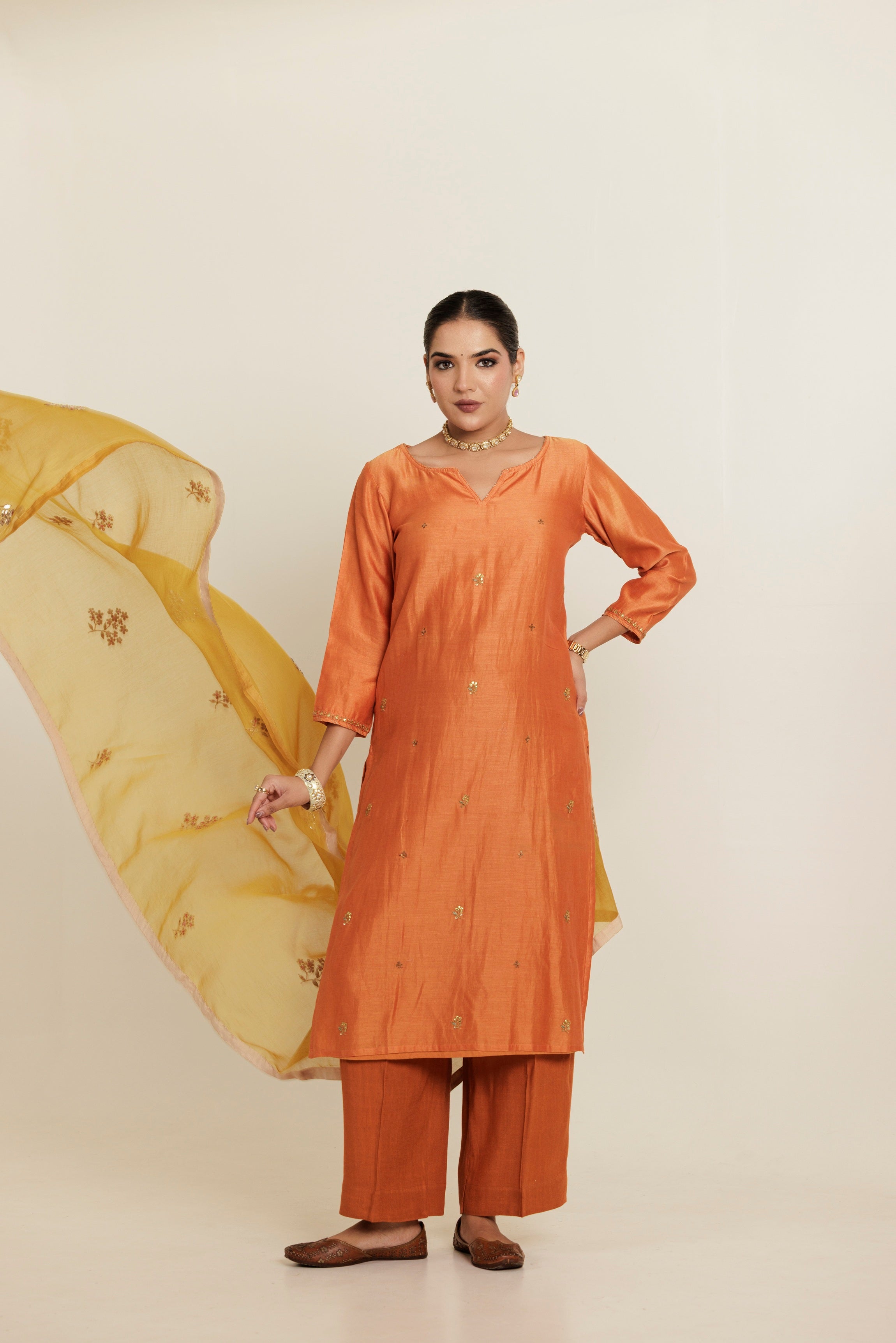 Burnt Orange Gota Patti Embroidered Chanderi Kurta Set