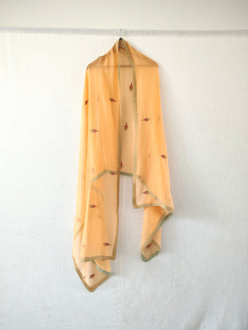 Peach Hand Embroidered Aari Cotton Silk Dupatta