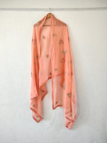 Coral Orange Floral Gota Patti Hand work Chanderi Dupatta