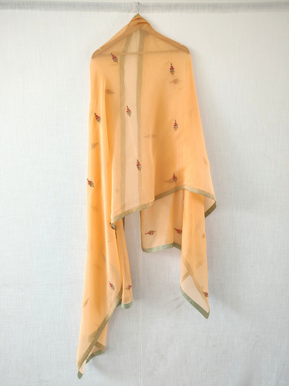 Peach Hand Embroidered Aari Cotton Silk Dupatta
