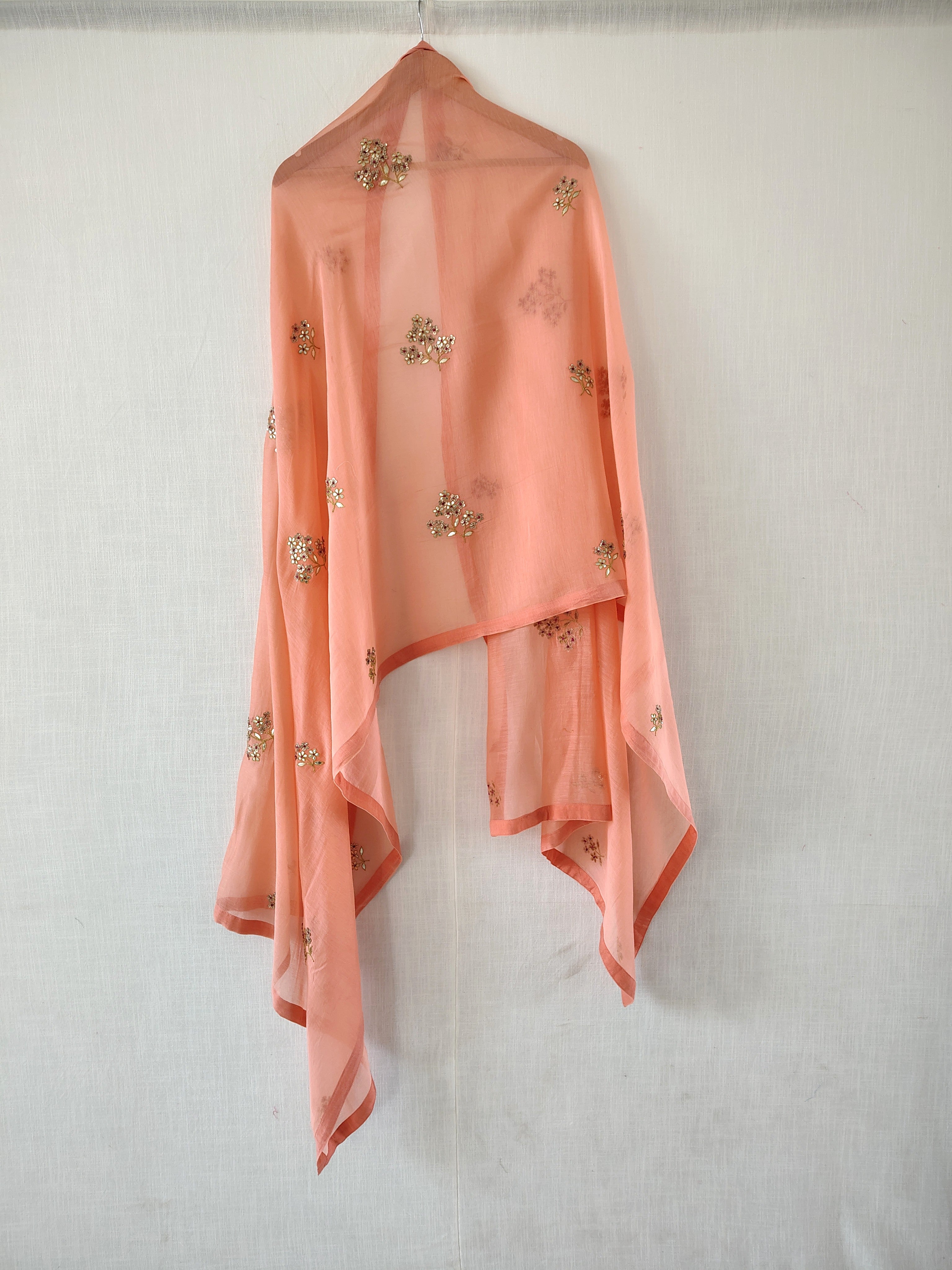 Coral Orange Floral Gota Patti Hand work Chanderi Dupatta