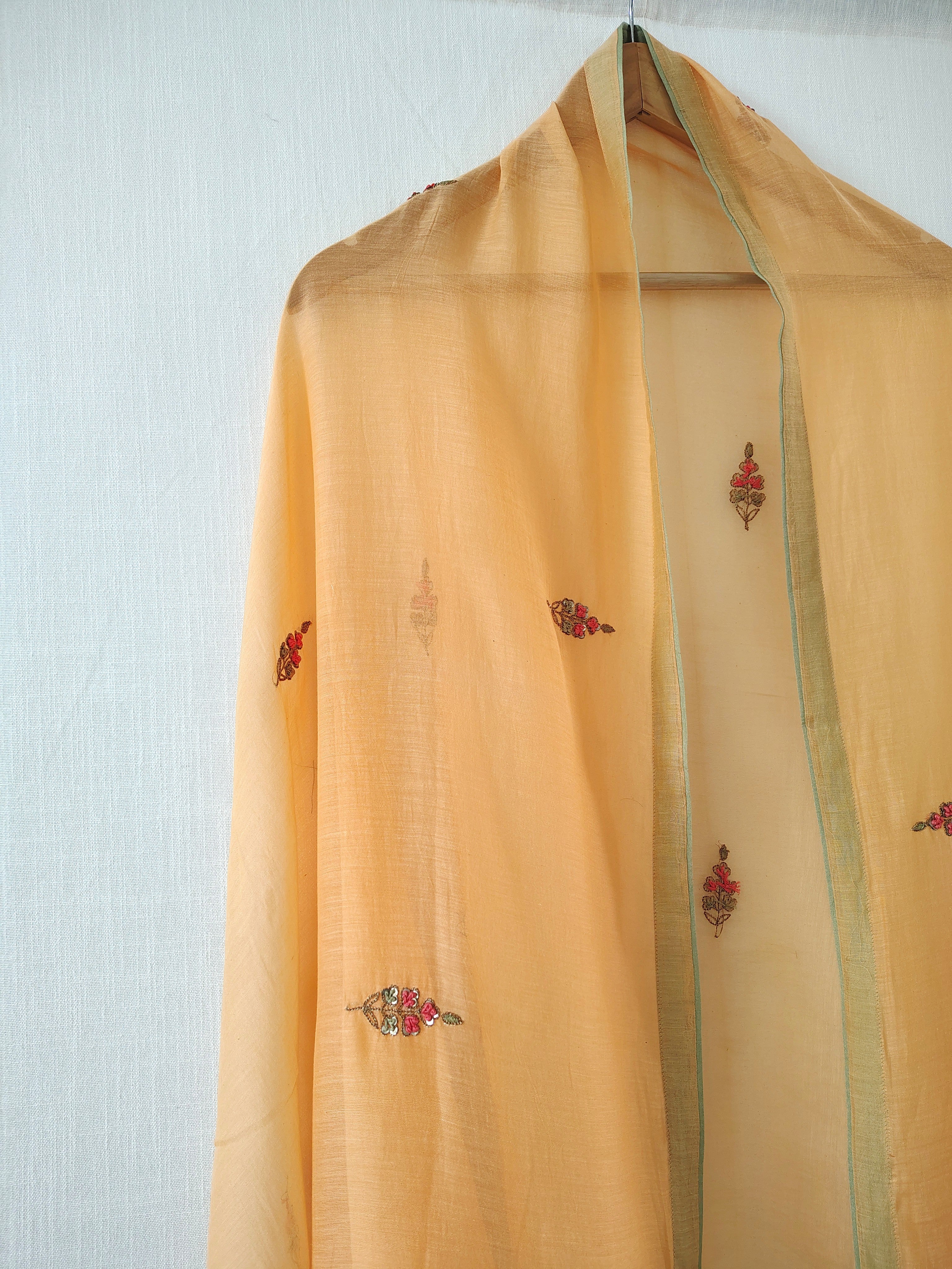 Peach Hand Embroidered Aari Cotton Silk Dupatta