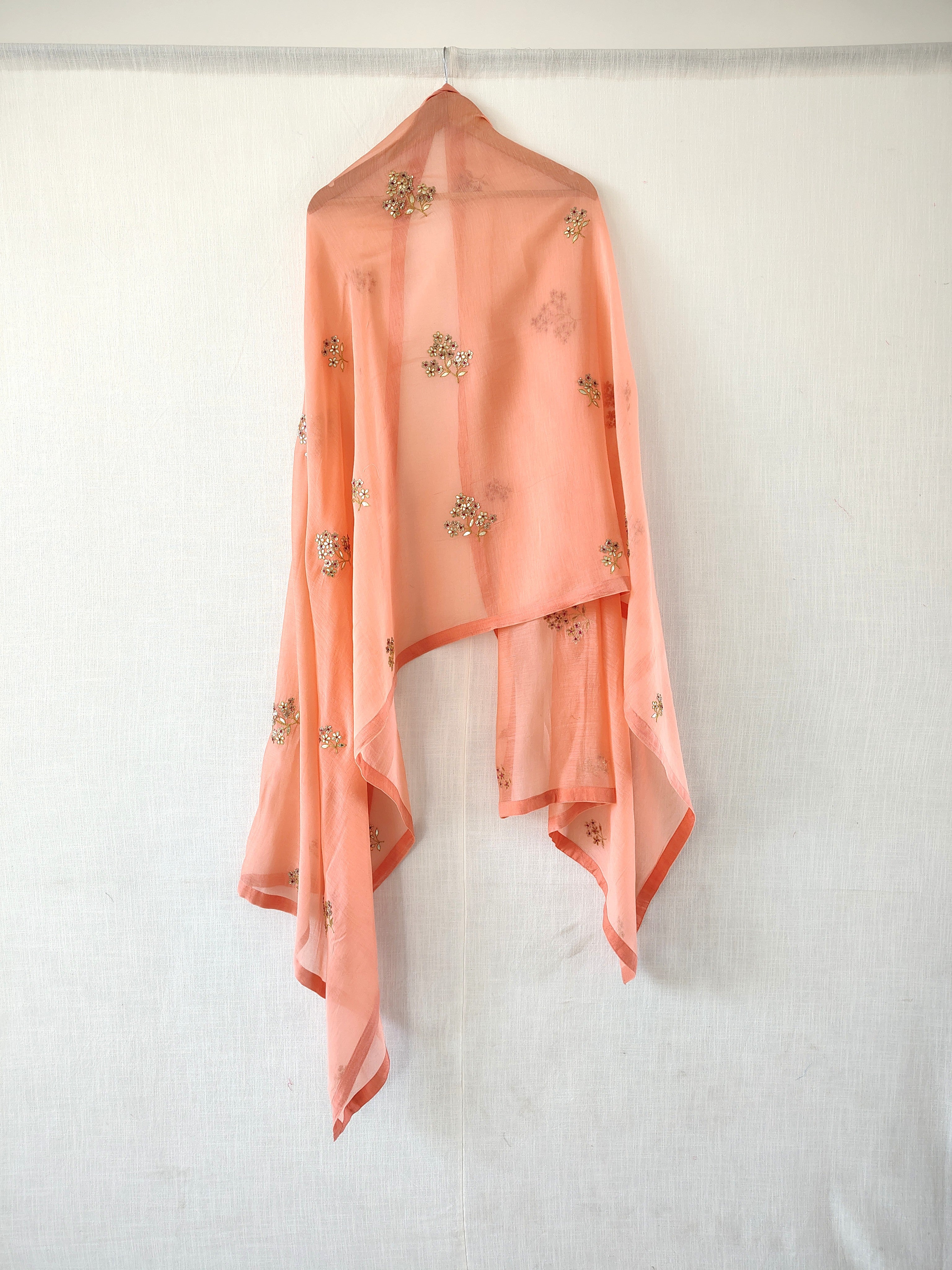 Coral Orange Floral Gota Patti Hand work Chanderi Dupatta