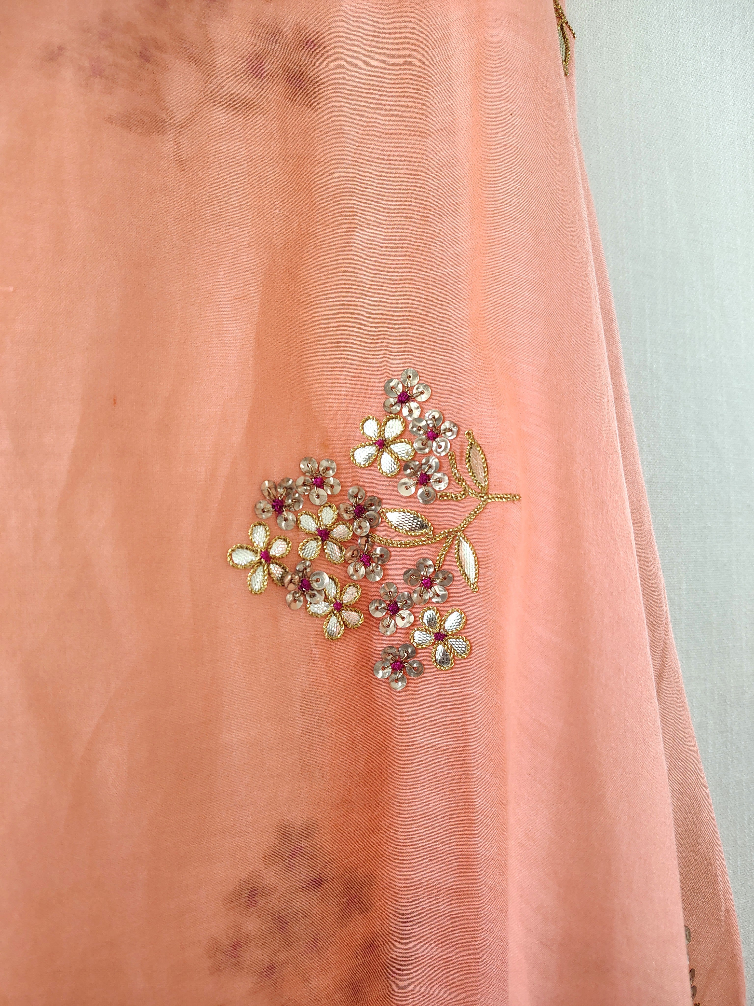 Coral Orange Floral Gota Patti Hand work Chanderi Dupatta