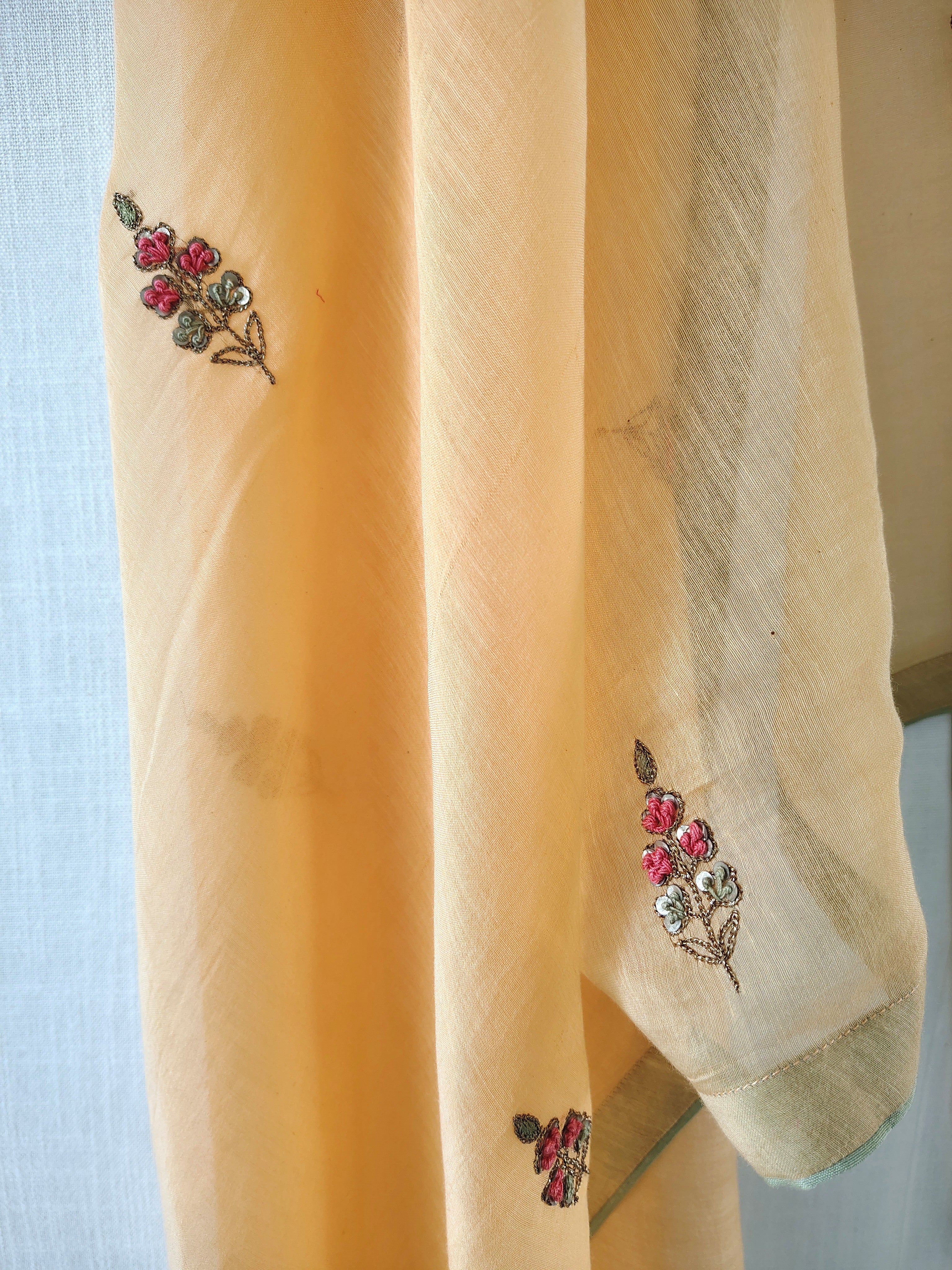 Peach Hand Embroidered Aari Cotton Silk Dupatta