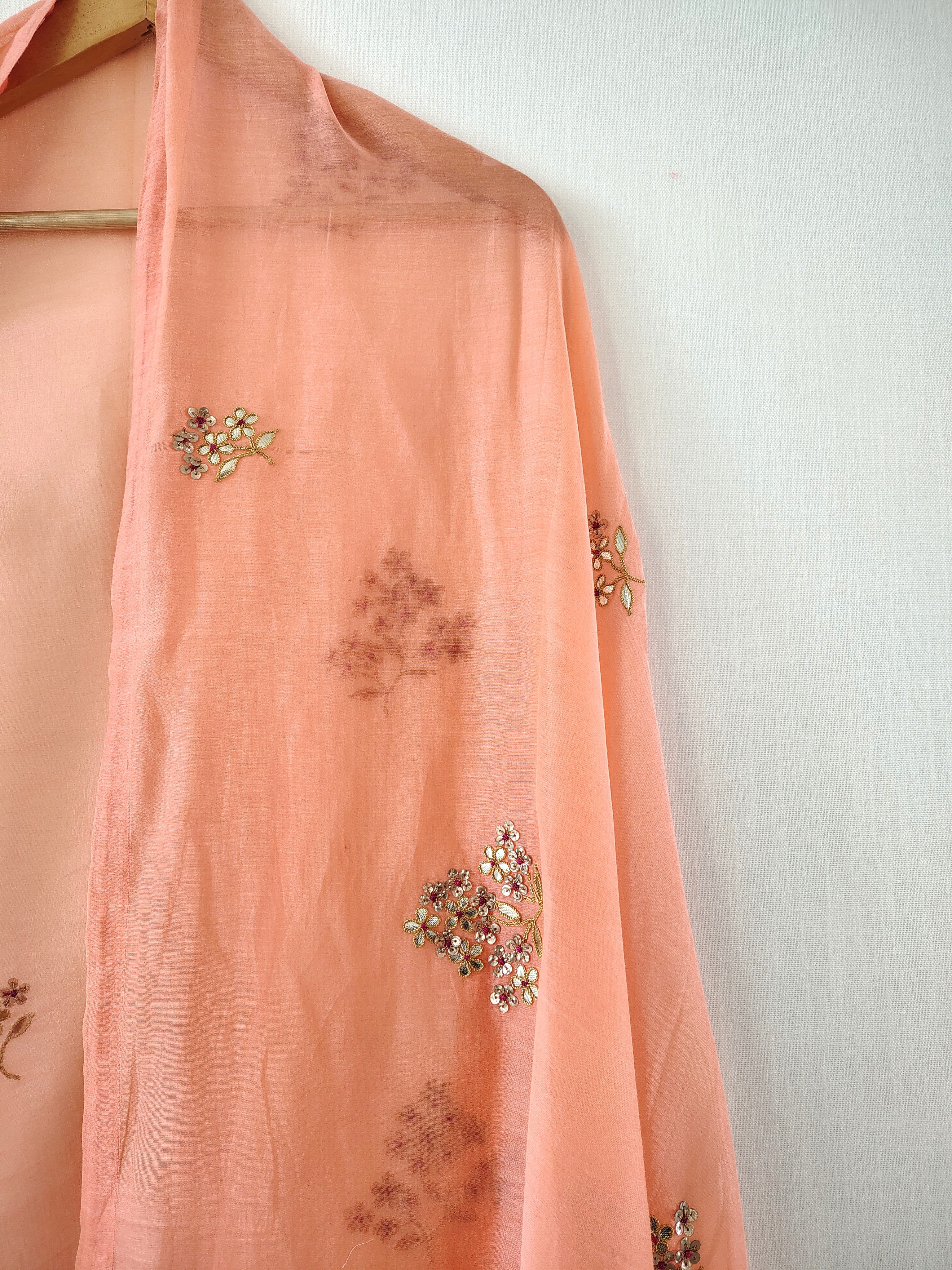 Coral Orange Floral Gota Patti Hand work Chanderi Dupatta