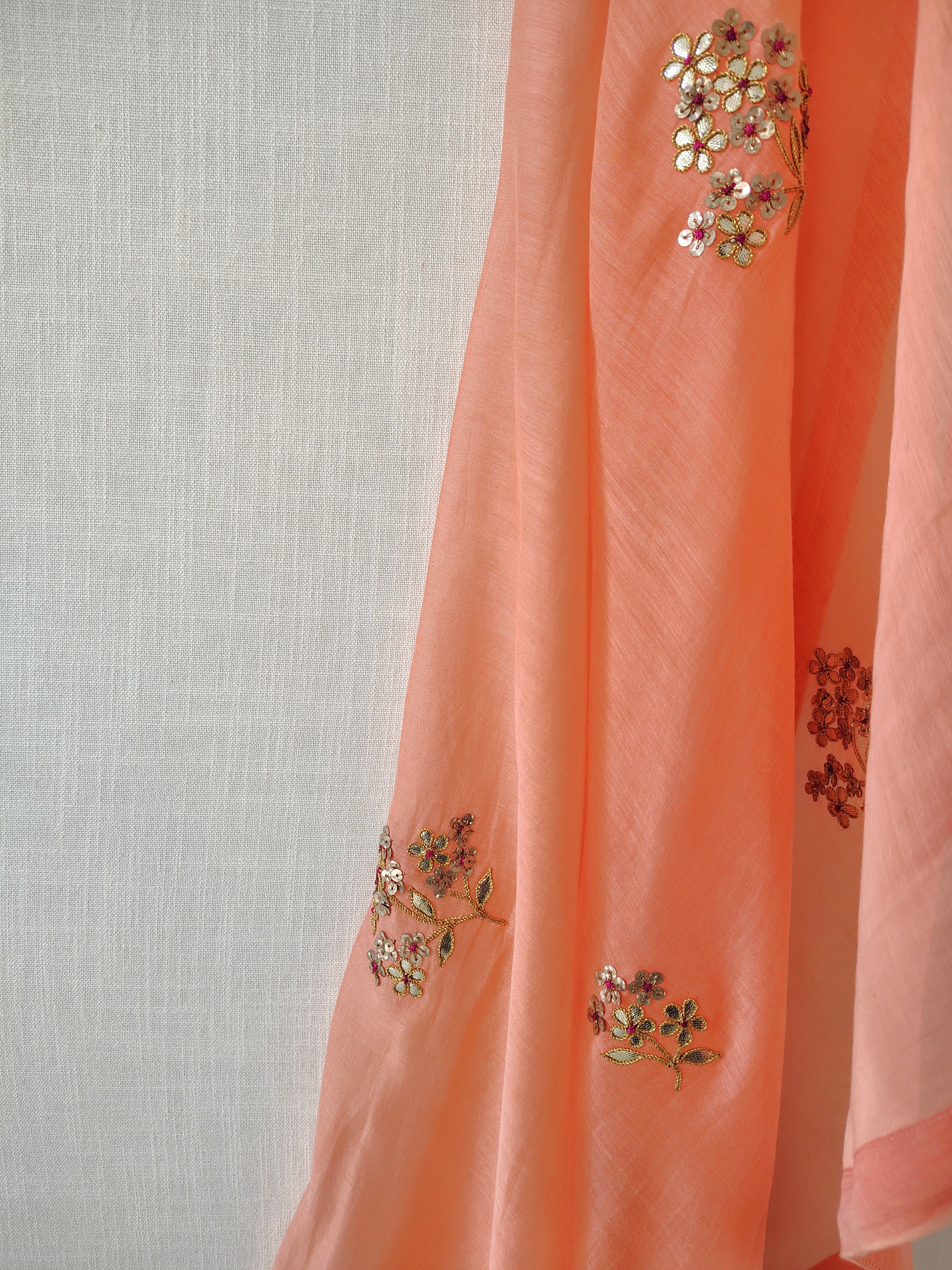 Coral Orange Floral Gota Patti Hand work Chanderi Dupatta