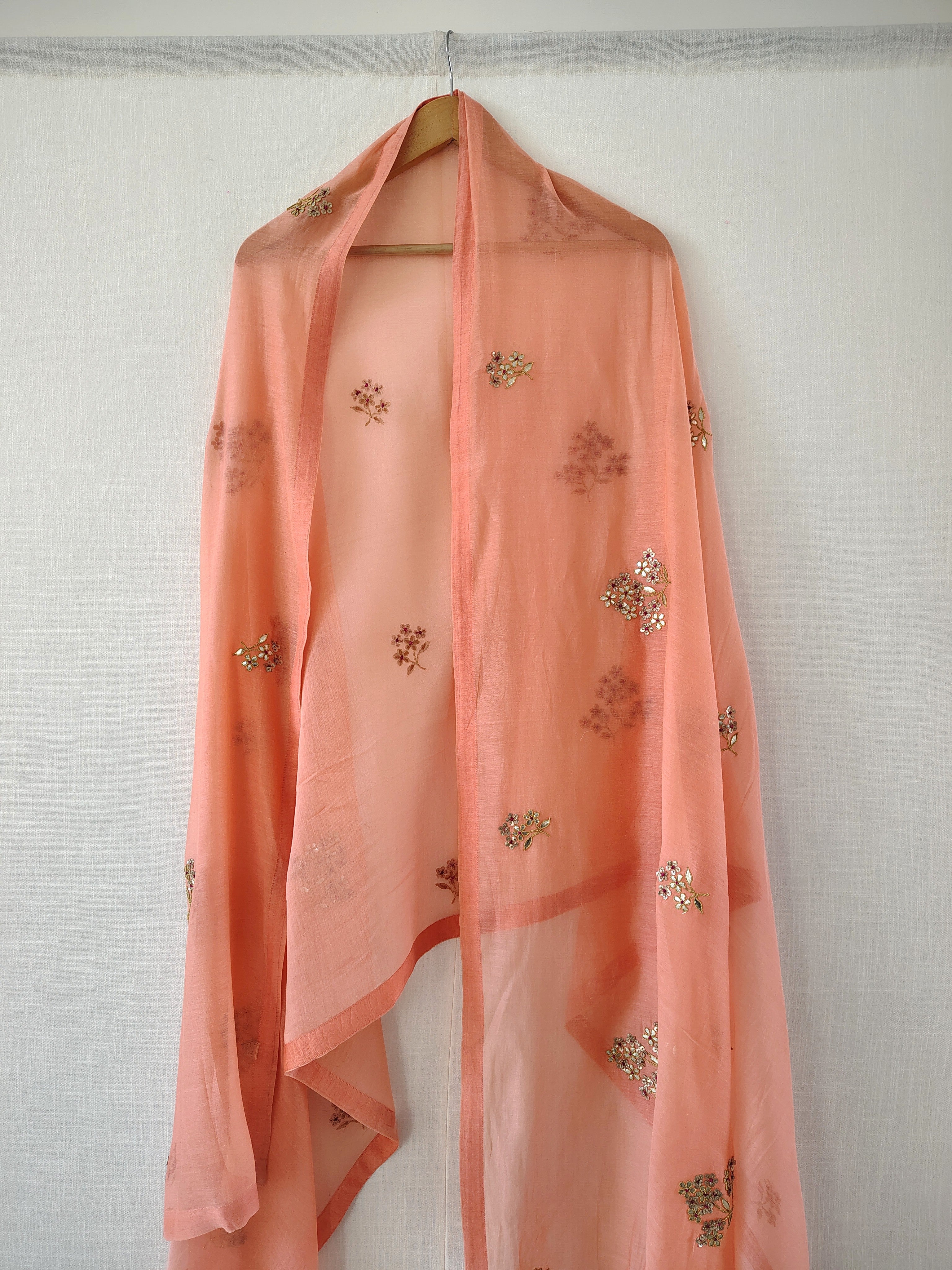 Coral Orange Floral Gota Patti Hand work Chanderi Dupatta