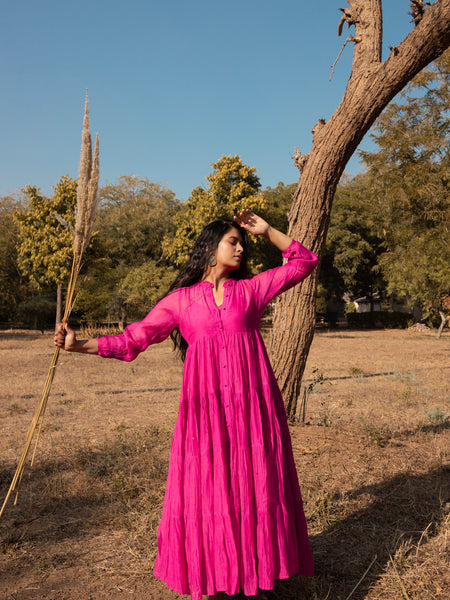 Pink Chanderi Flared Maxi Dress