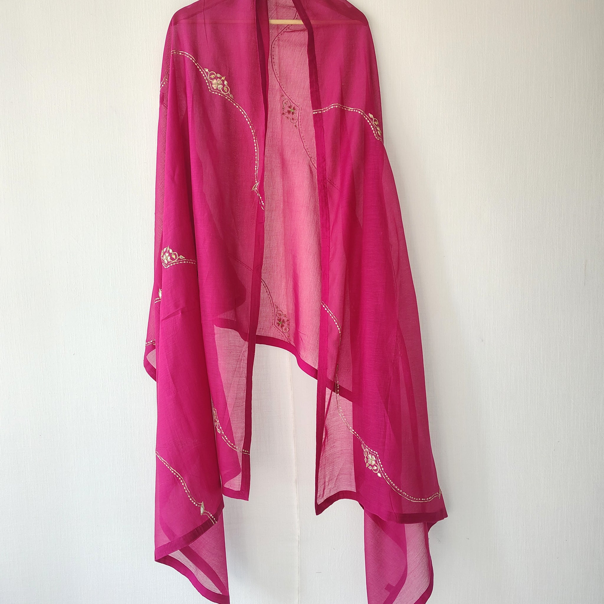 Pink Hand Embroidered Chanderi Cotton Silk Dupatta