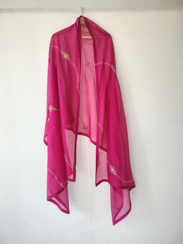 Pink Hand Embroidered Chanderi Cotton Silk Dupatta