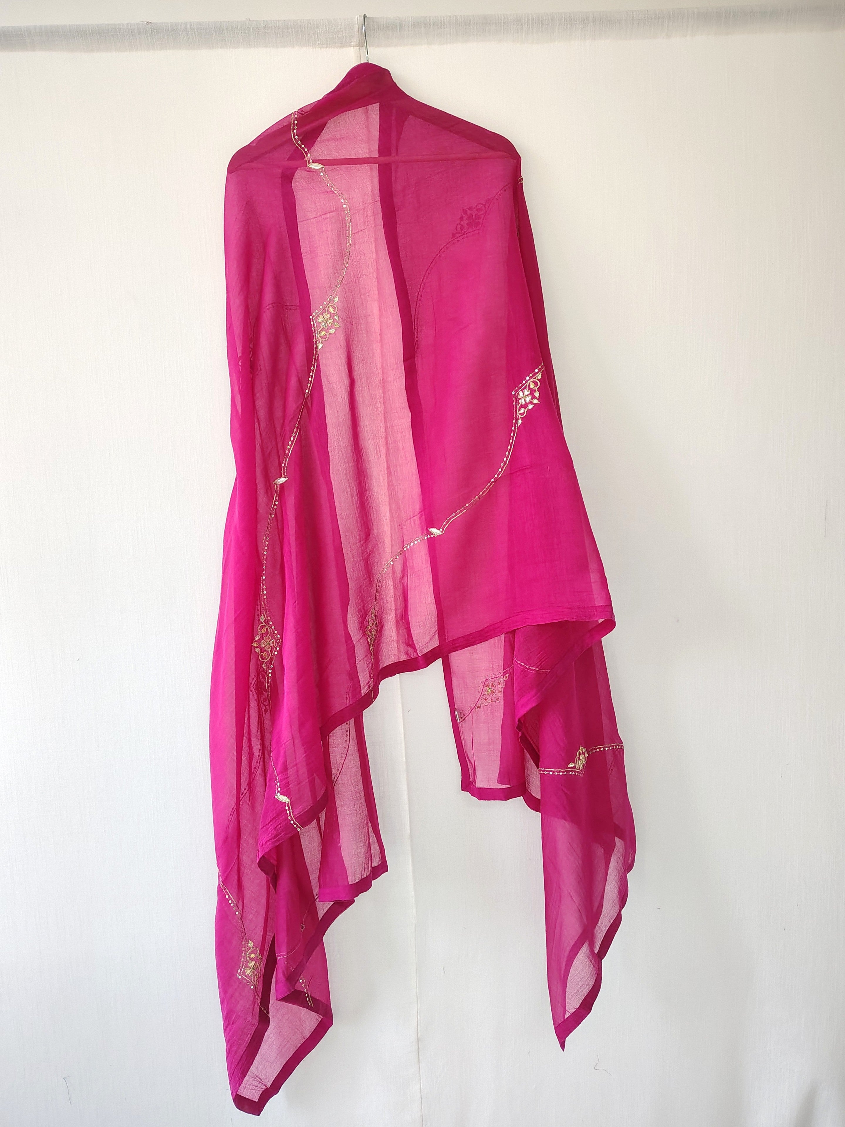 Pink Hand Embroidered Chanderi Cotton Silk Dupatta
