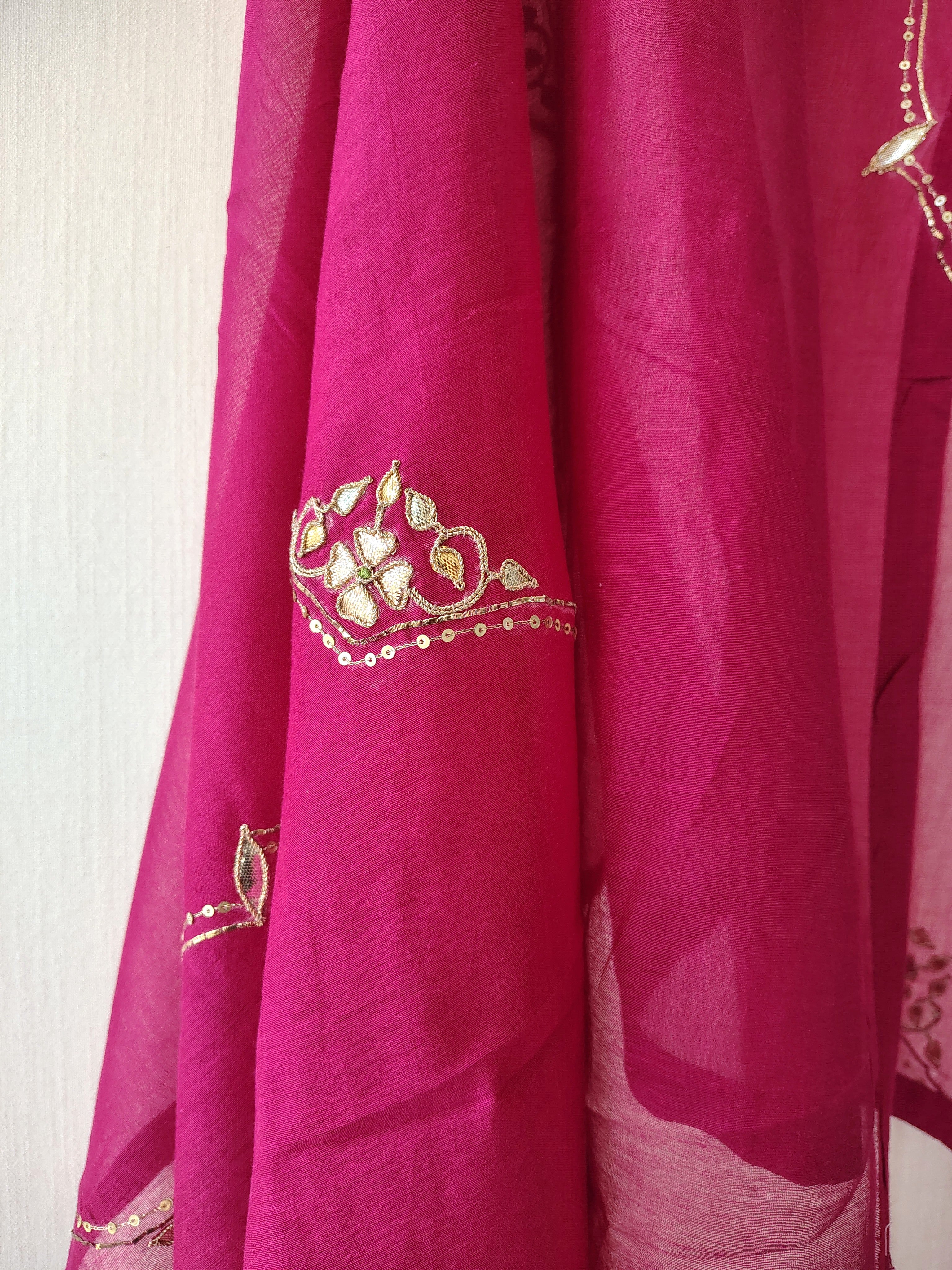 Pink Hand Embroidered Chanderi Cotton Silk Dupatta