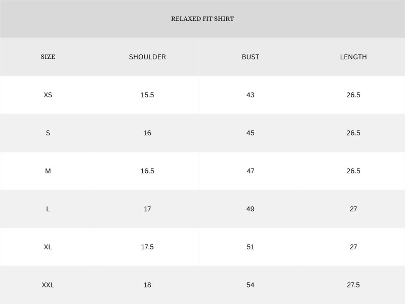 Garment Size Chart - Inches