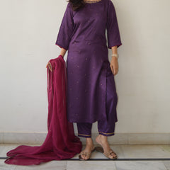 Purple Hand Embroidered Kurta Set with Dupatta