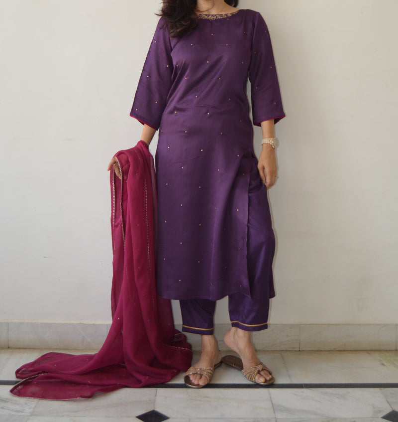 Purple Hand Embroidered Kurta Set with Dupatta