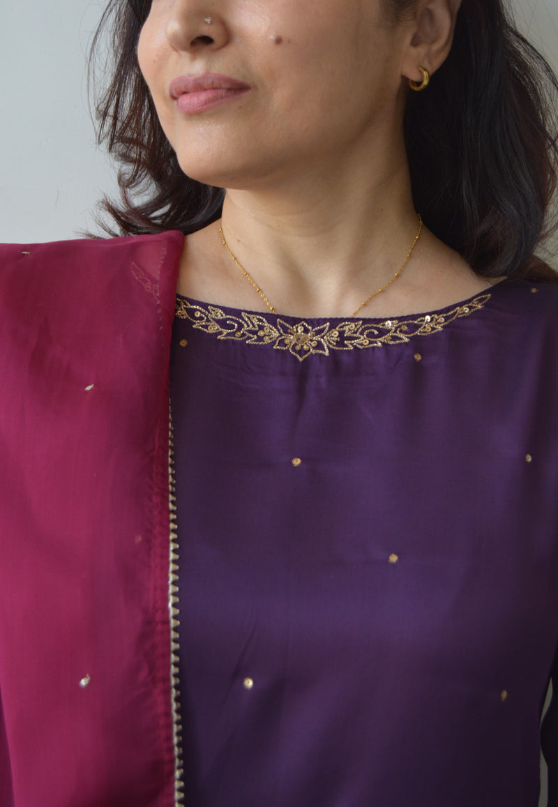 Purple Hand Embroidered Kurta Set with Dupatta
