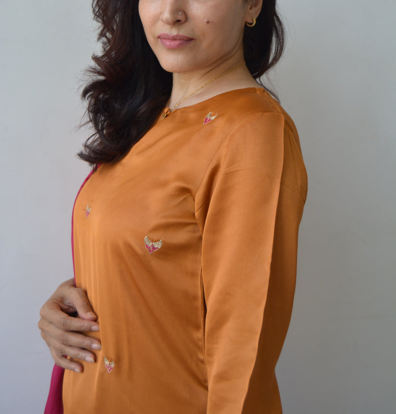 Rust Hand Embroidered Kurta Set with Dupatta