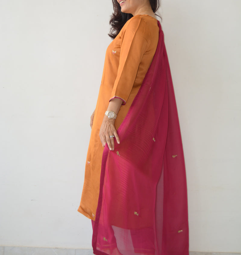 Rust Hand Embroidered Kurta Set with Dupatta