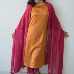 Rust Hand Embroidered Kurta Set with Dupatta