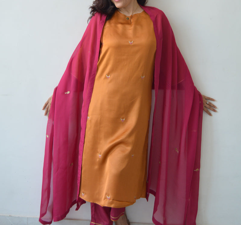 Rust Hand Embroidered Kurta Set with Dupatta