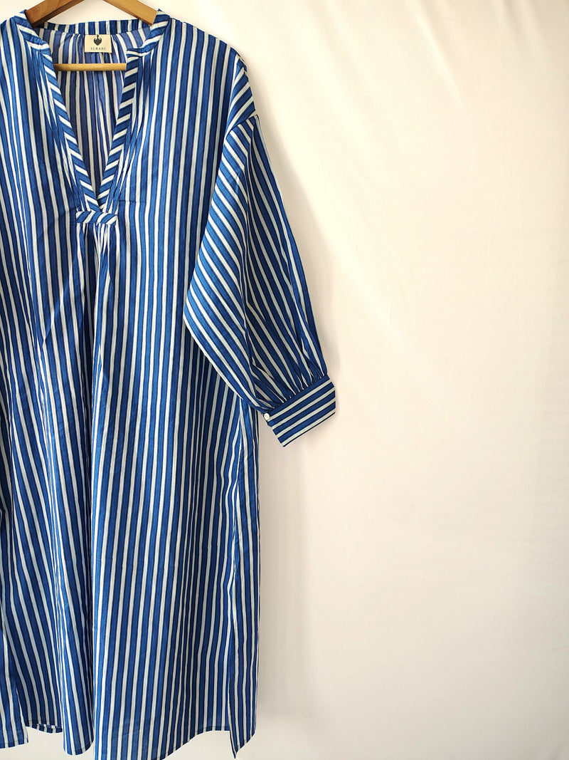Blue Stripes Relaxed Fit Cotton Dress Midi