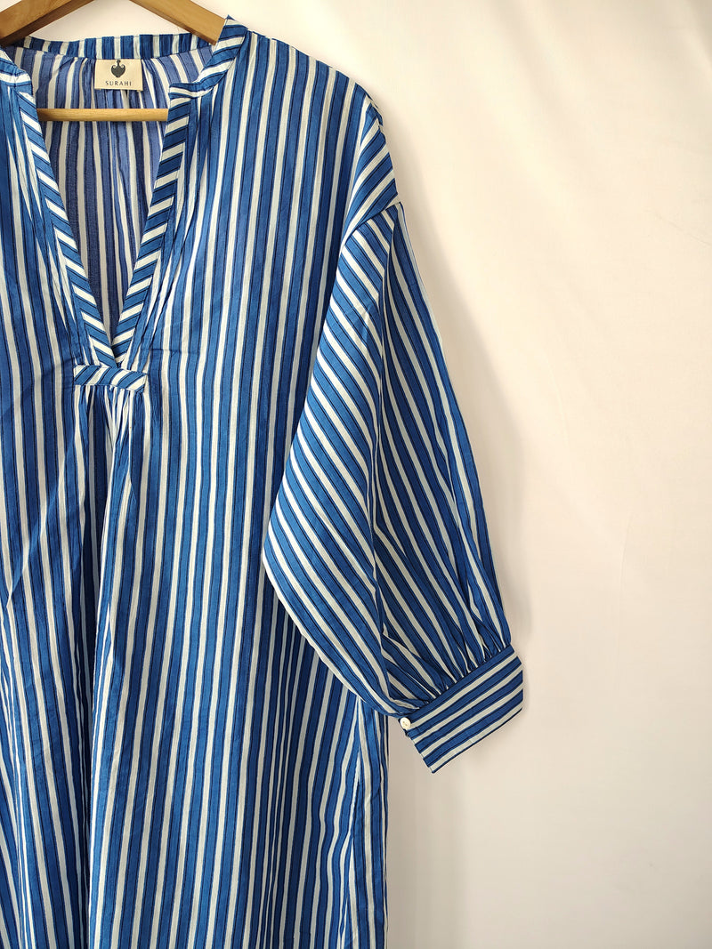 Blue Stripes Relaxed Fit Cotton Dress Midi