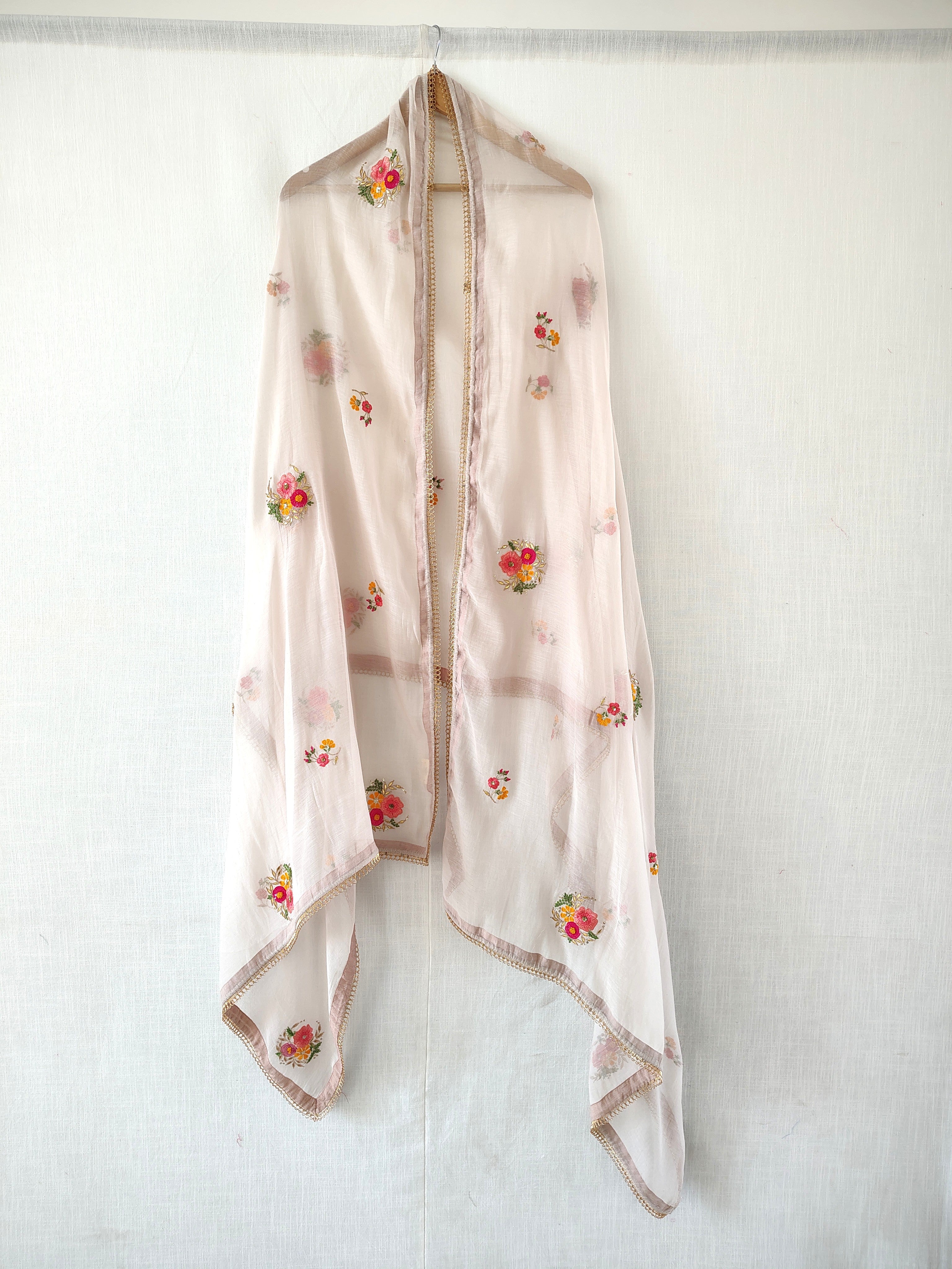 White Floral Hand Zardozi Embroidered Cotton Silk Dupatta