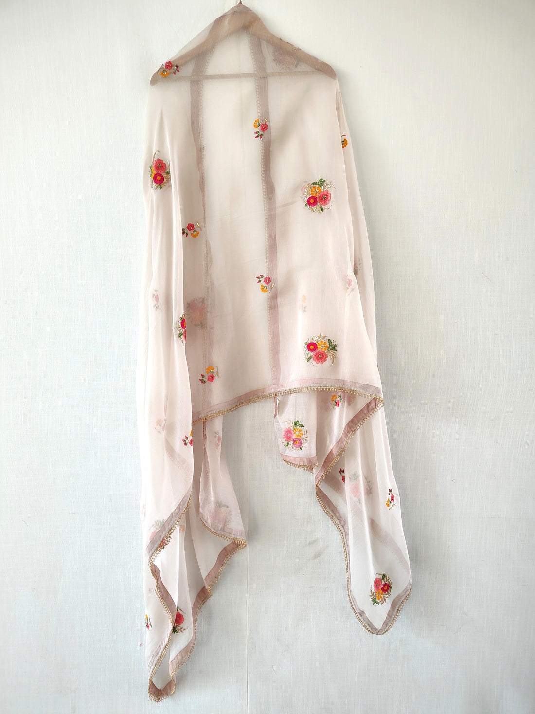 White Floral Hand Zardozi Embroidered Cotton Silk Dupatta