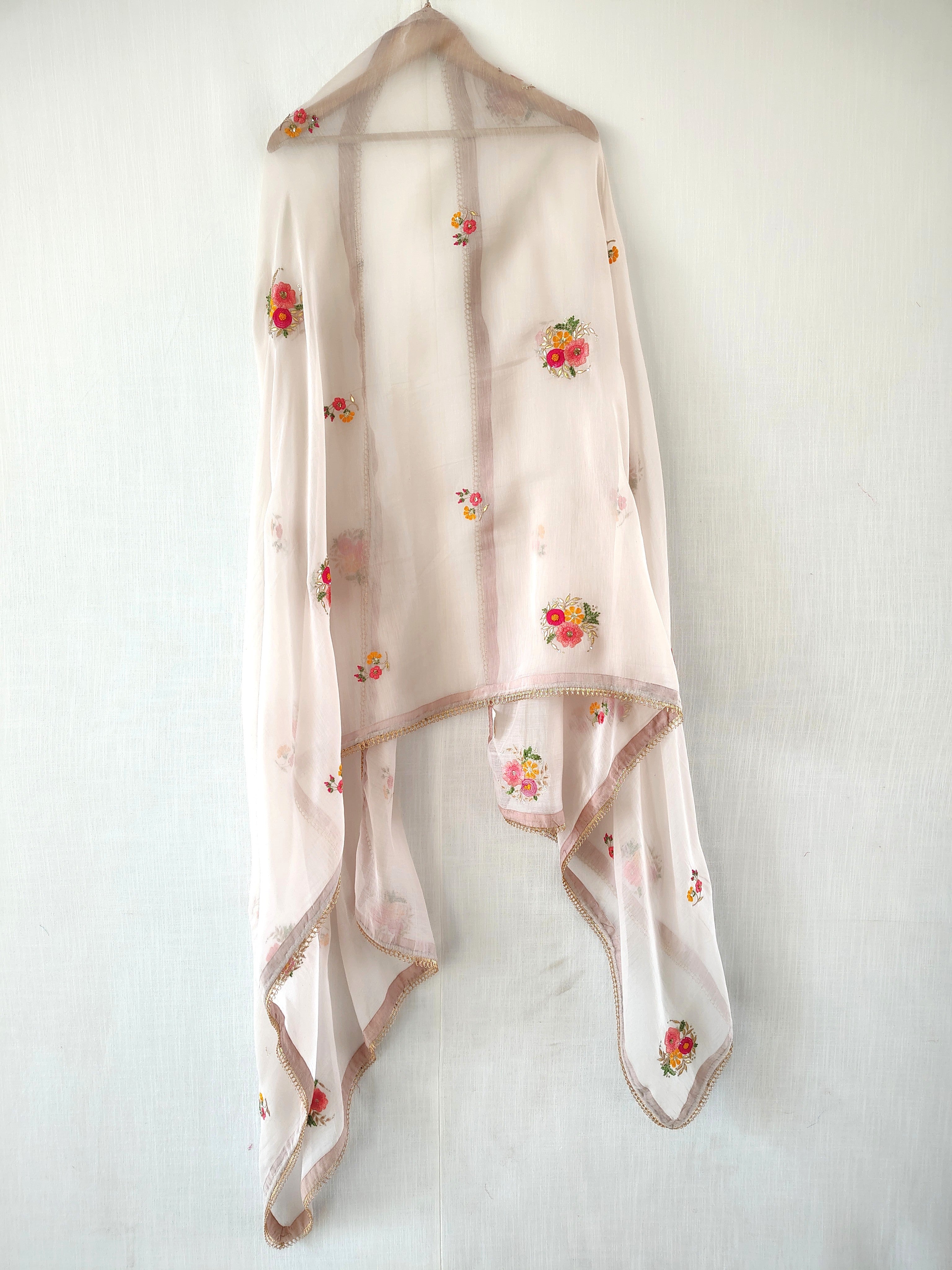 White Floral Hand Zardozi Embroidered Cotton Silk Dupatta