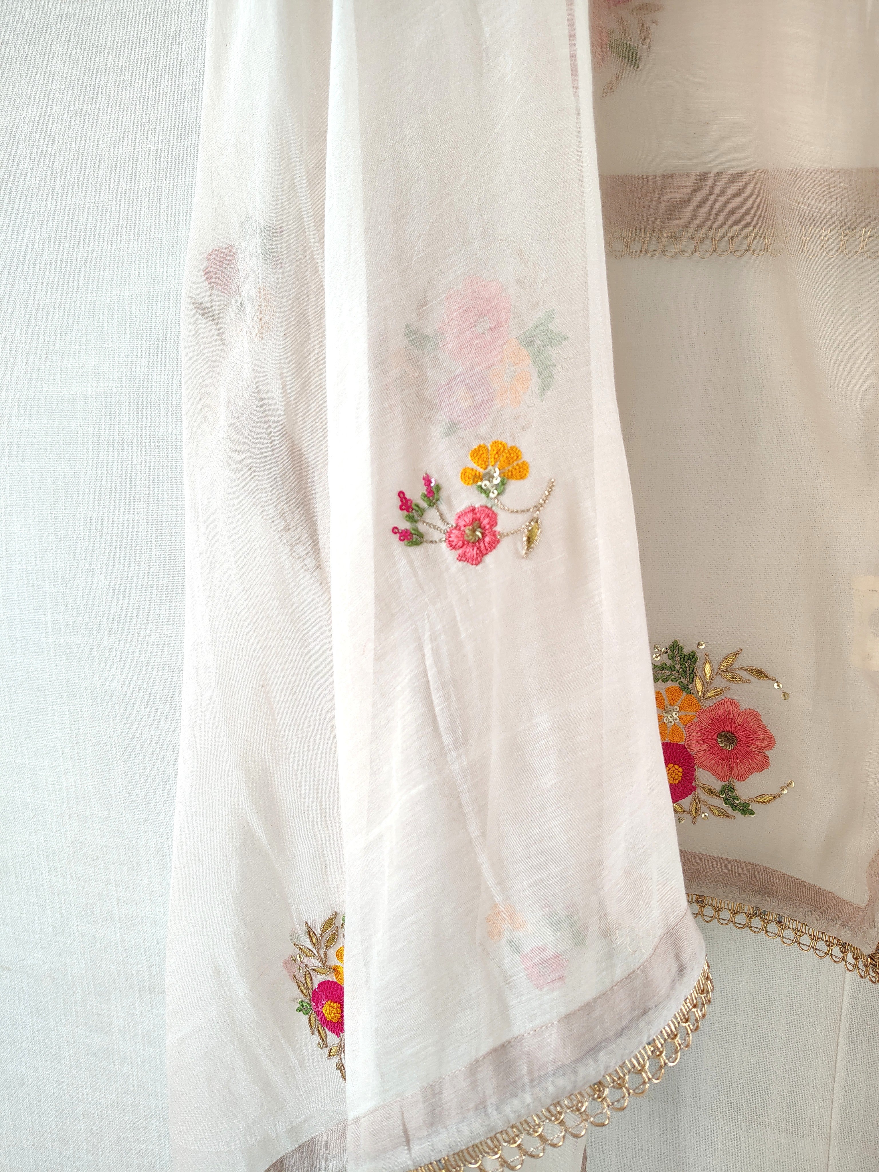 White Floral Hand Zardozi Embroidered Cotton Silk Dupatta