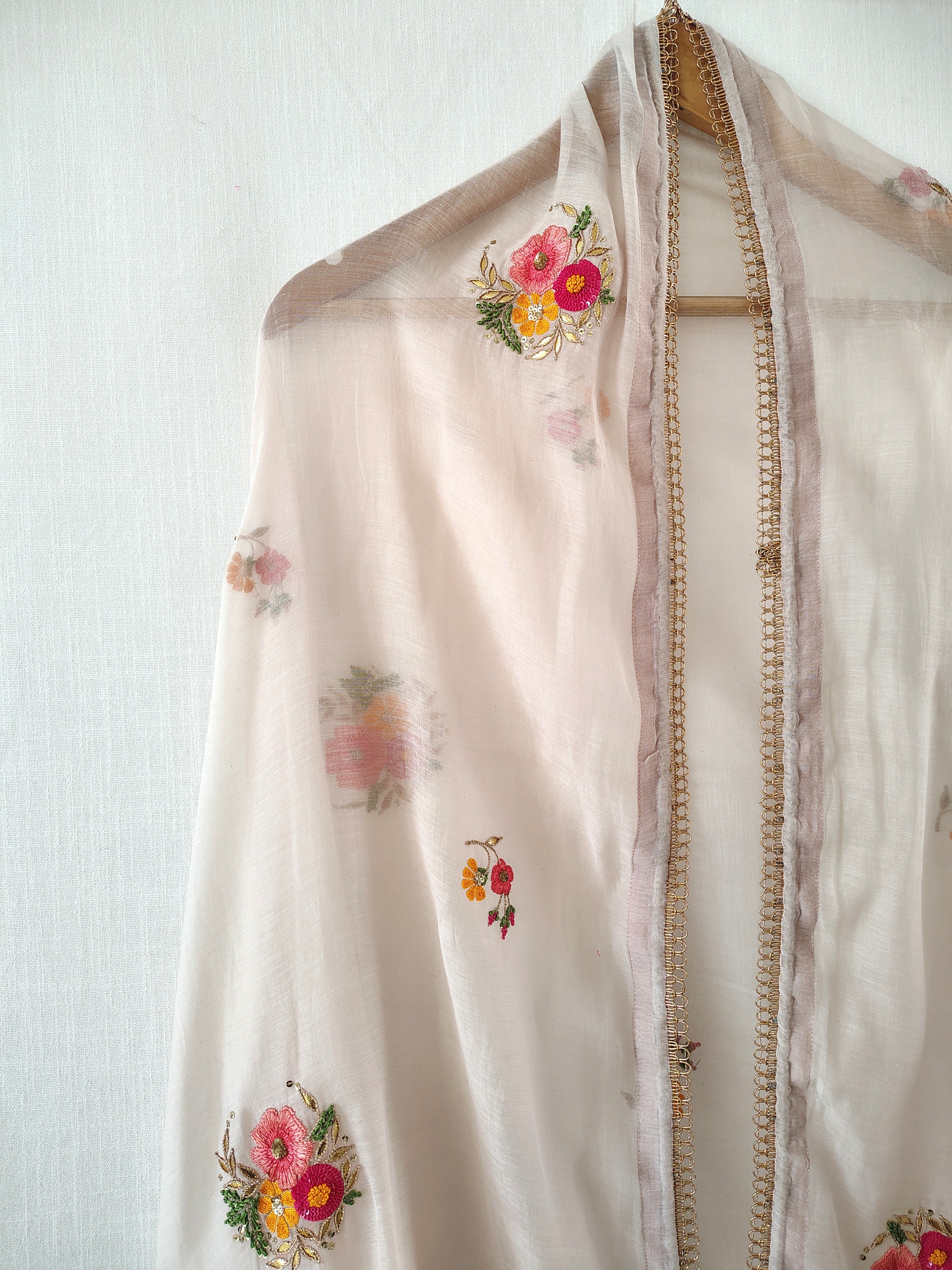White Floral Hand Zardozi Embroidered Cotton Silk Dupatta