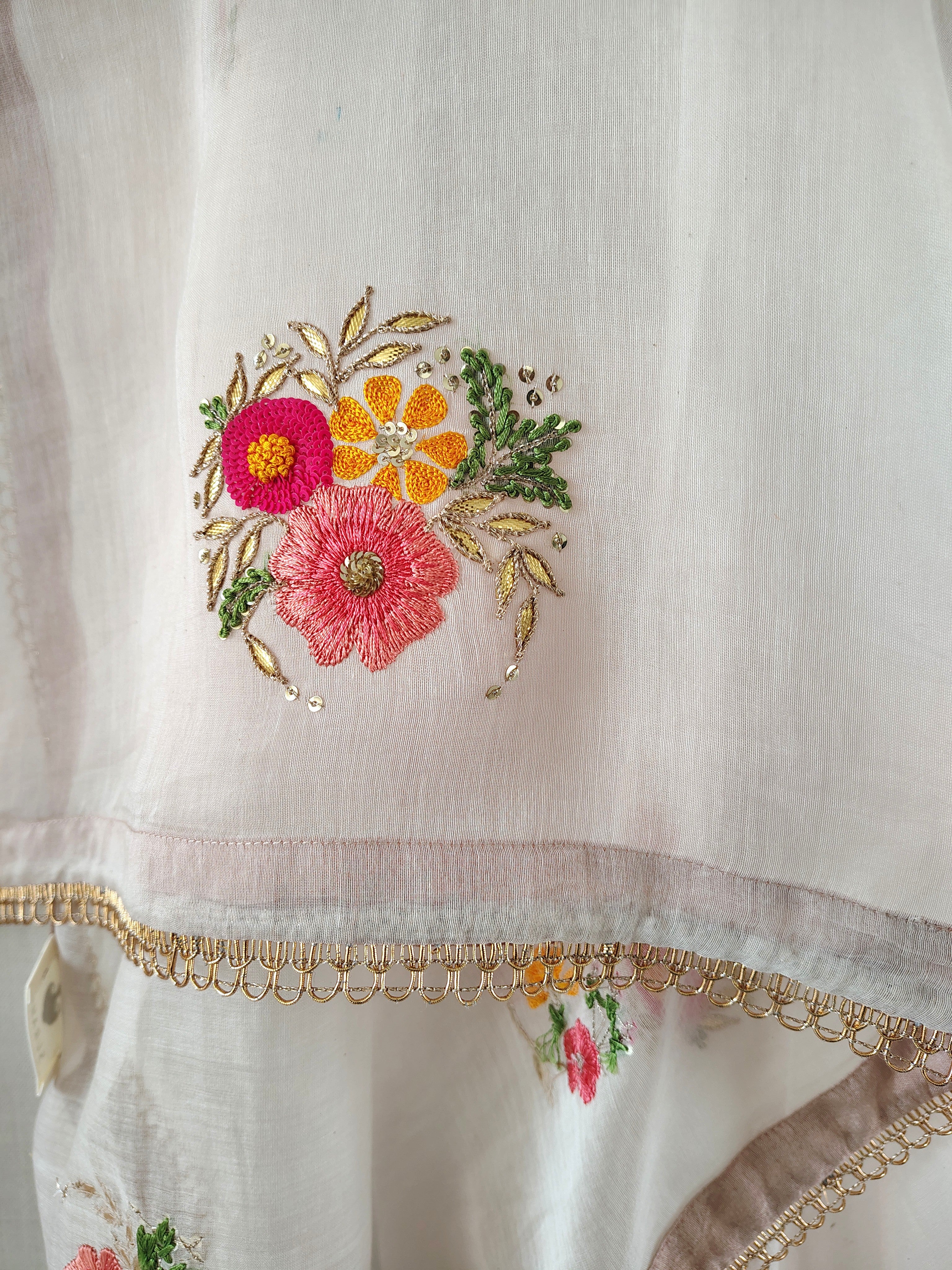 White Floral Hand Zardozi Embroidered Cotton Silk Dupatta