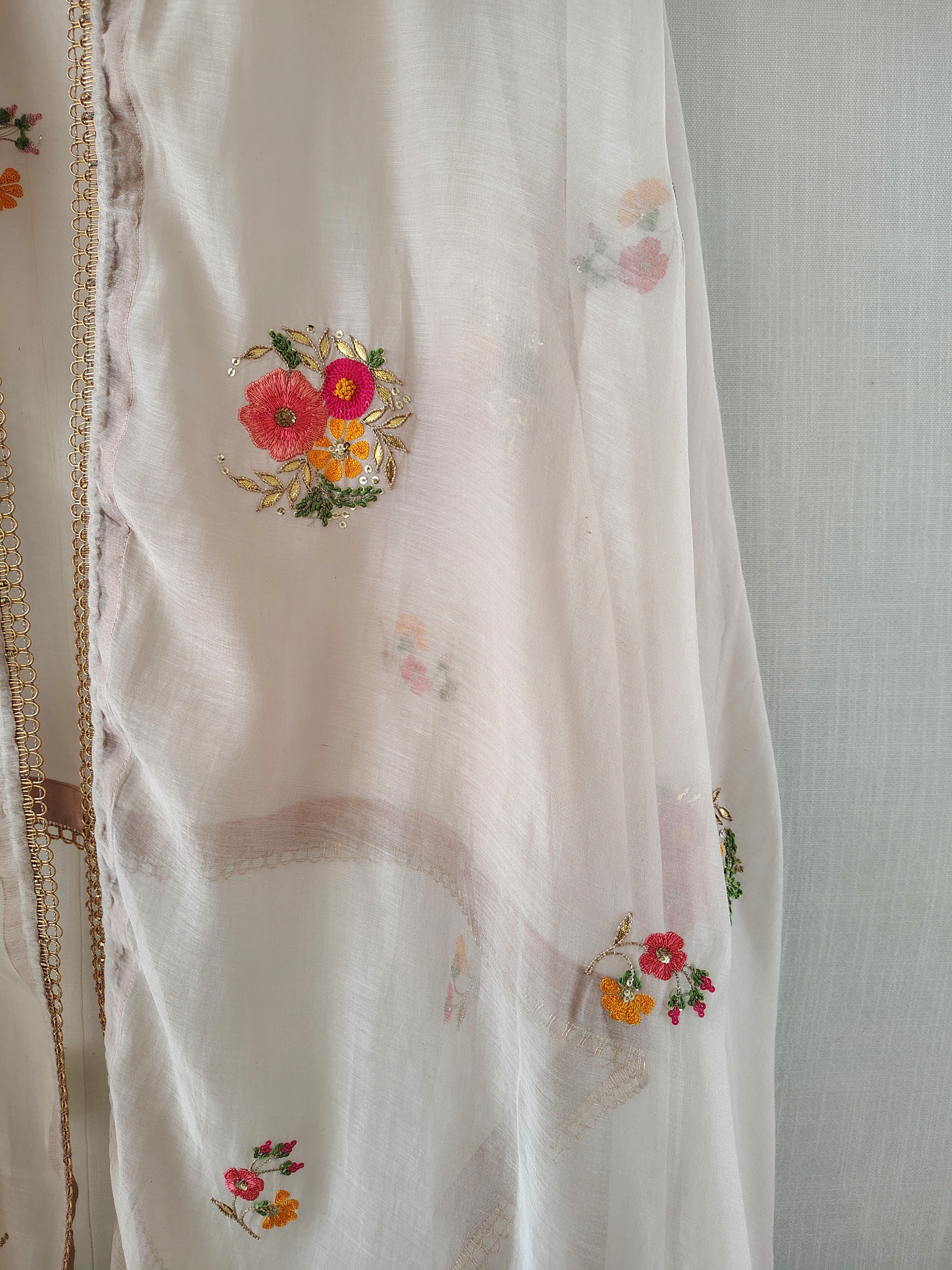 White Floral Hand Zardozi Embroidered Cotton Silk Dupatta