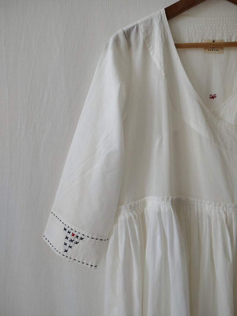 White Cotton Hand Embroidery Detail Midi Dress