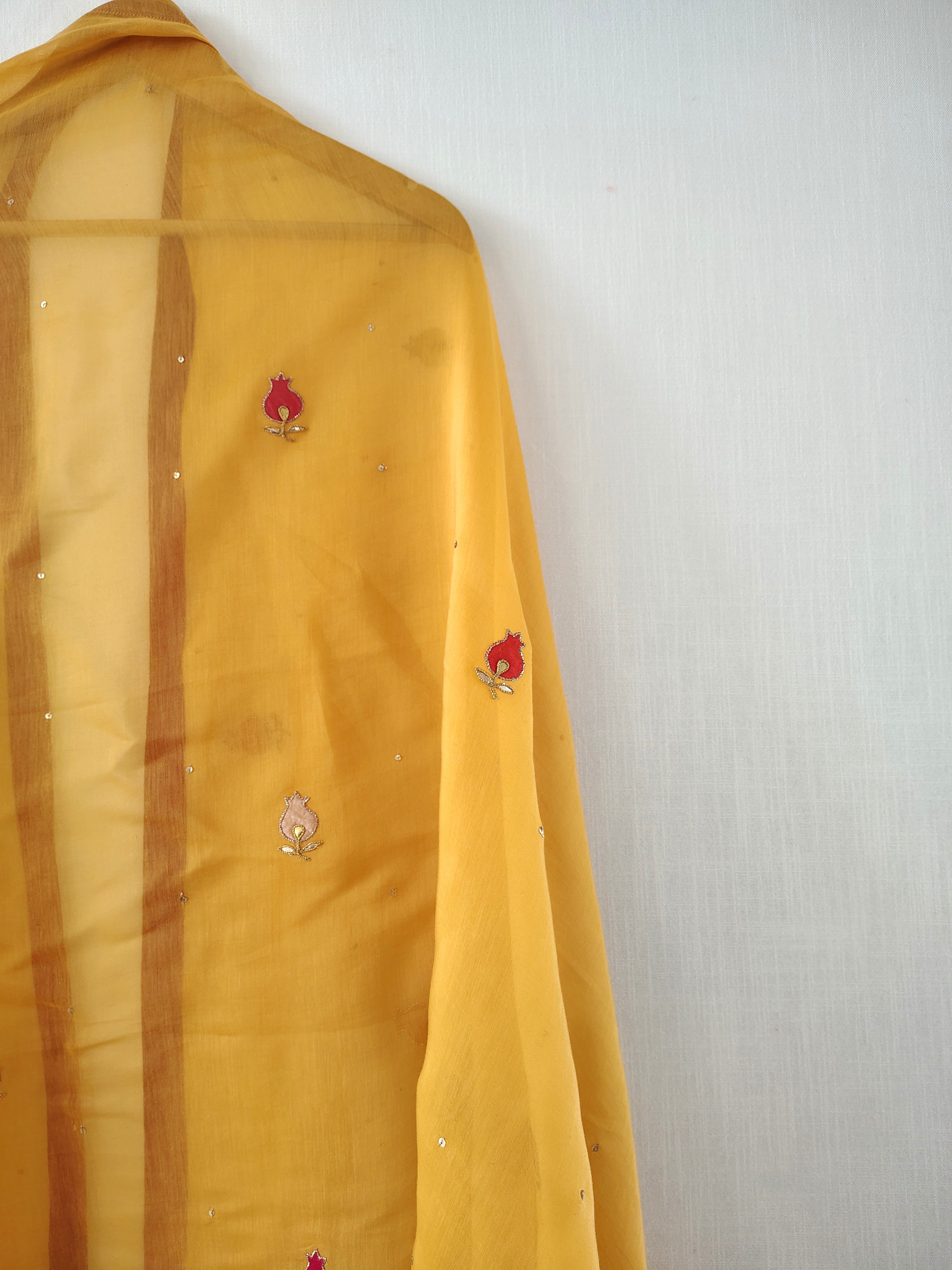 Yellow Hand Embroidered Aari-Zardozi work Chanderi Dupatta