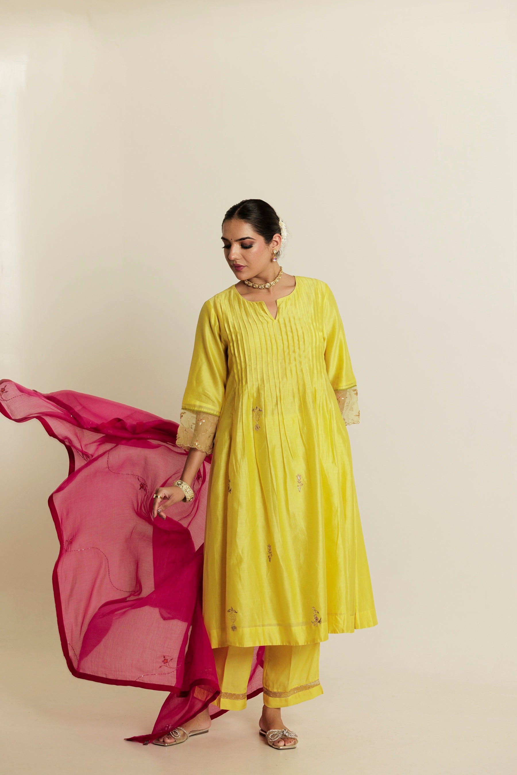 Jasmine Yellow Flared Aari-Gota Patti Kurta Set
