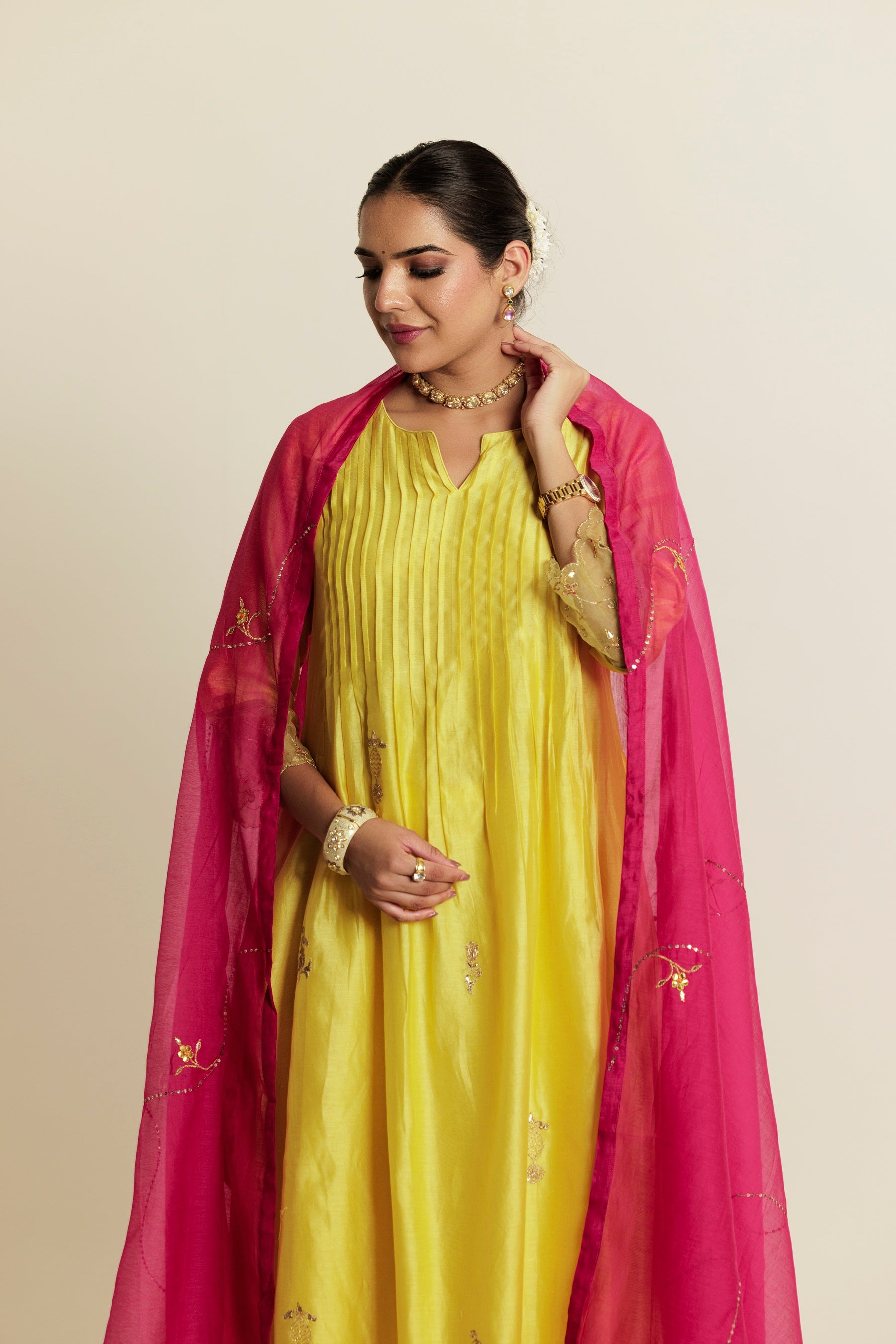 Jasmine Yellow Flared Aari-Gota Patti Kurta Set