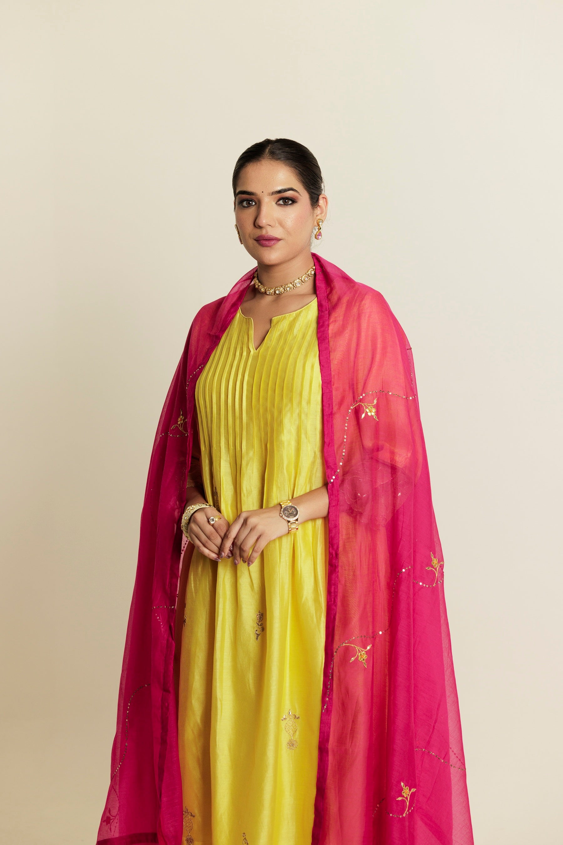 Fuchsia Pink Hand Embroidered Gota Patti Chanderi Dupatta