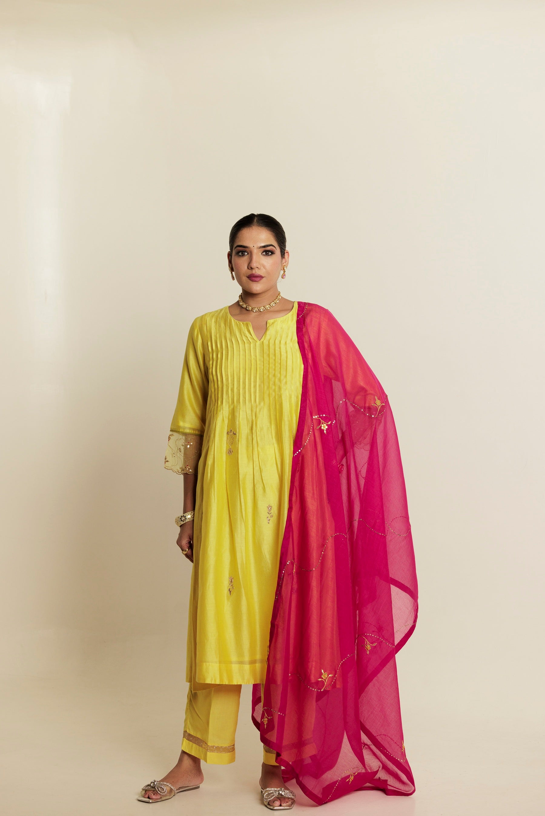 Fuchsia Pink Hand Embroidered Gota Patti Chanderi Dupatta