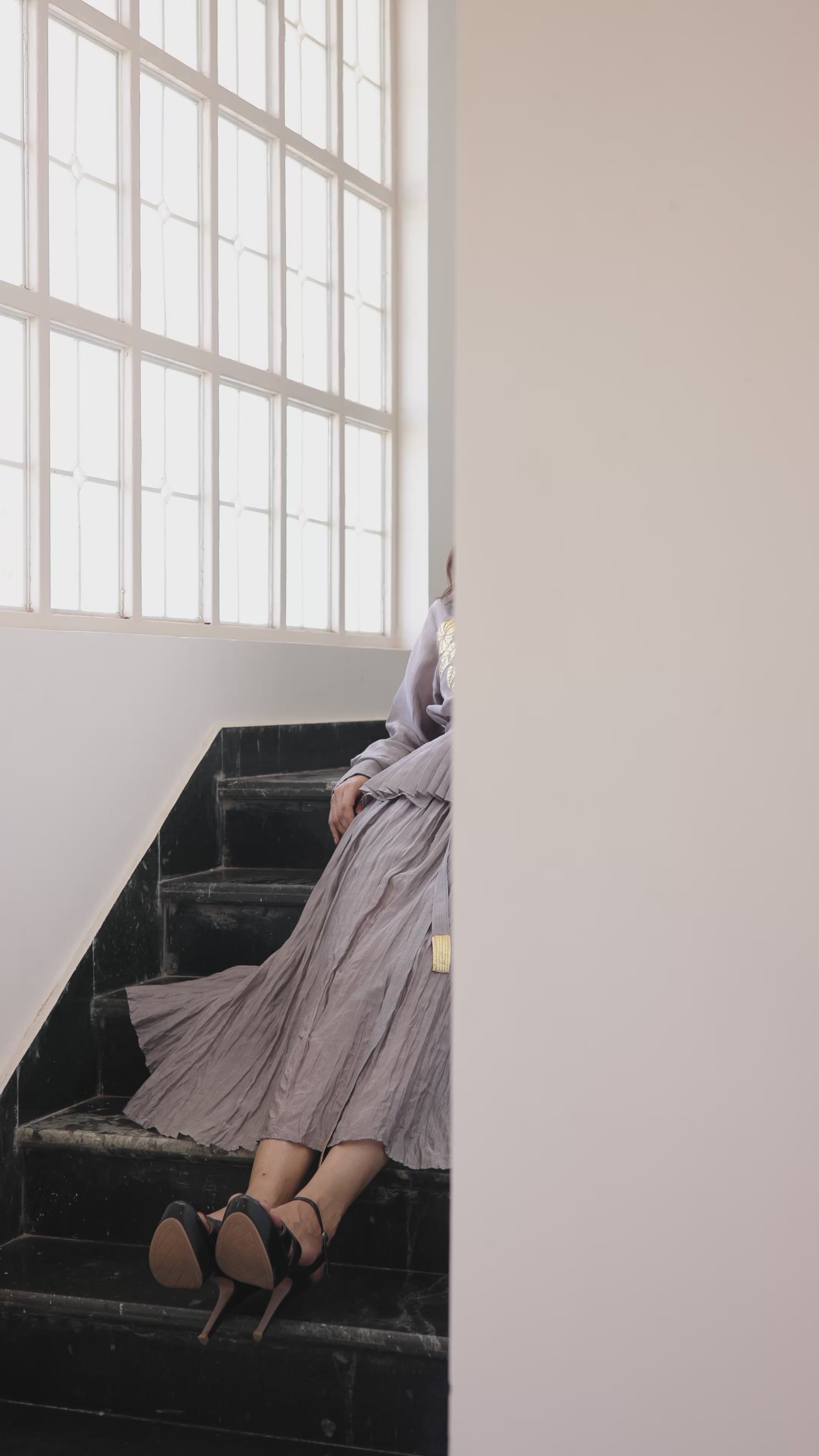 Steel grey panelled crushed skirt and pleated peplum belt