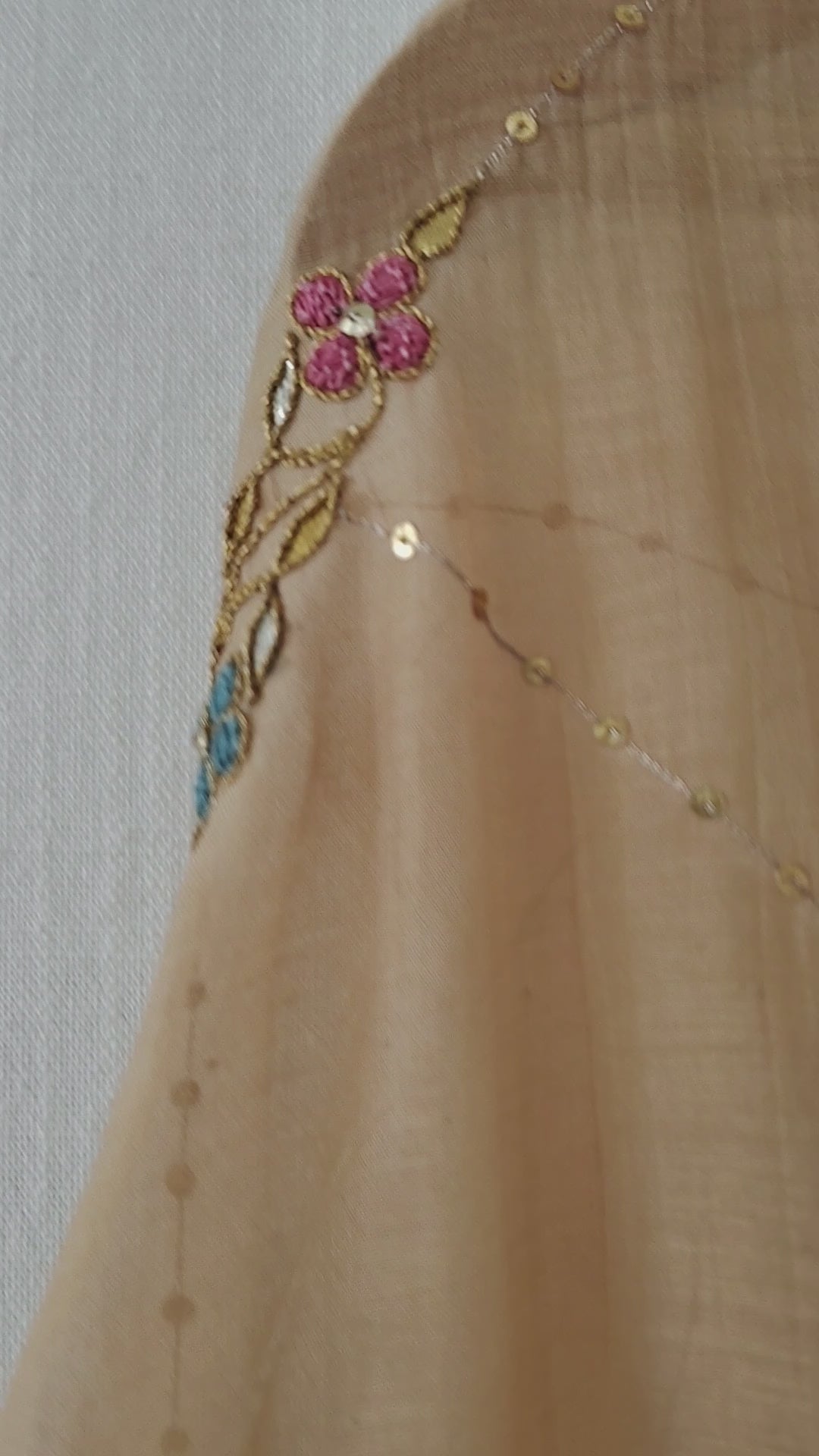 Peach Floral Hand Embroidered Cotton Silk Dupatta